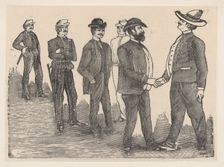 Two men shaking hands in the foreground and officers watching them in the backgro..., ca. 1880-1910. Creator: José Guadalupe Posada