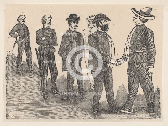 Two men shaking hands in the foreground and officers watching them in the backgro..., ca. 1880-1910. Creator: José Guadalupe Posada.