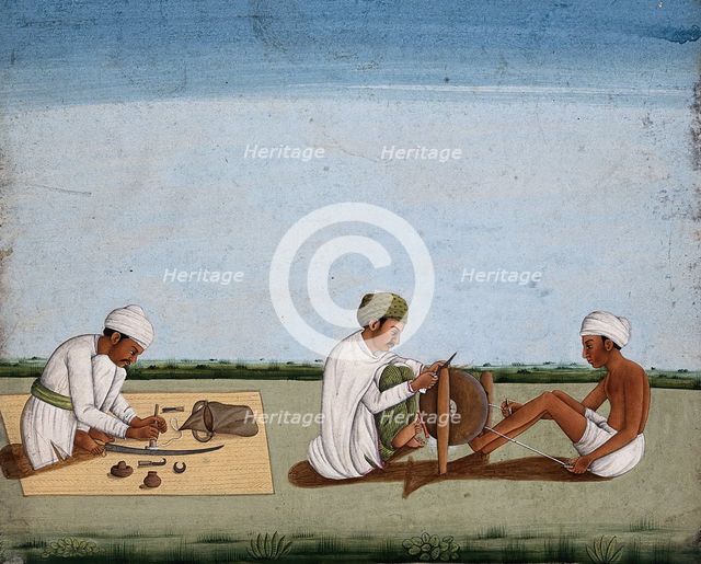 Two men sharpening a knife whilst the third prepares the blade on a sword, (between 1800 and 1899?). Creator: Unknown.