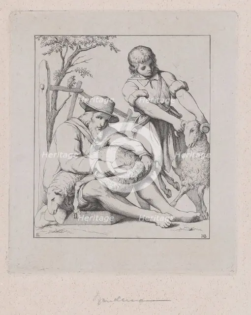 Two men sheep shearing, ca. 1842. Creator: Eduard Julius Friedrich Bendemann.