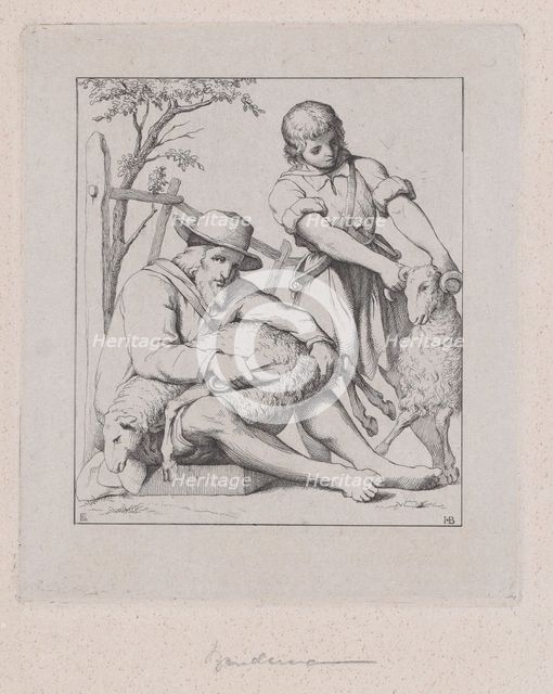 Two men sheep shearing, ca. 1842. Creator: Eduard Julius Friedrich Bendemann.