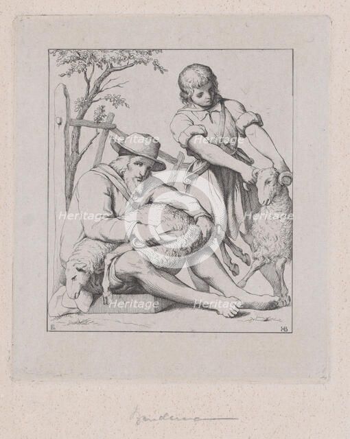 Two men sheep shearing, ca. 1842. Creator: Eduard Julius Friedrich Bendemann.