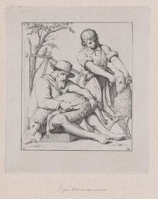 Two men sheep shearing, ca. 1842. Creator: Eduard Julius Friedrich Bendemann