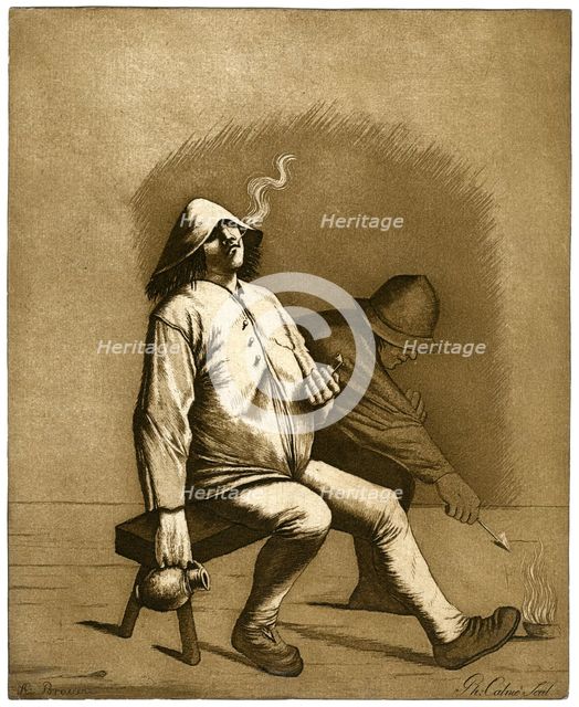 Two men sitting on a bench, c18th century.Artist: Calnie