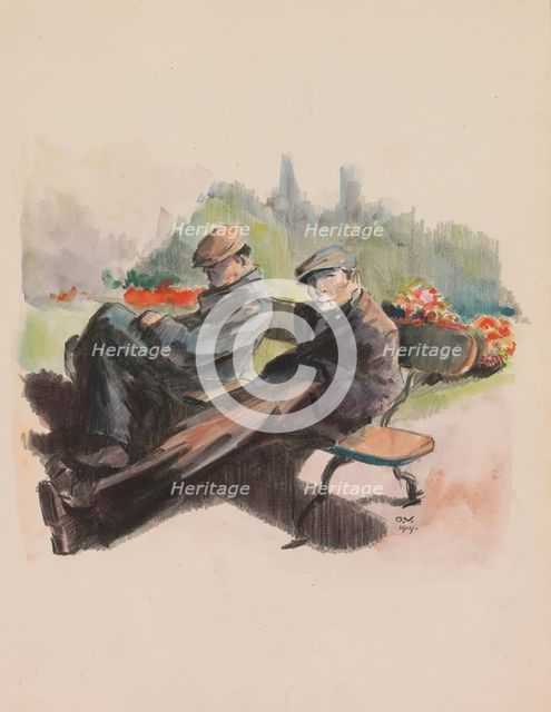 Two men sitting on a bench in a park, 1919. Creator: Otto Verhagen.