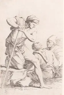 Two men sitting and another man holding a staff kneeling on a rock, from the seri..., ca. 1656-1657. Creator: Salvator Rosa