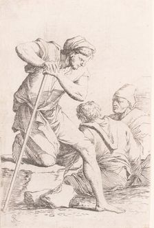 Two men sitting and another man holding a staff kneeling on a rock, from the seri..., ca. 1656-1657. Creator: Salvator Rosa