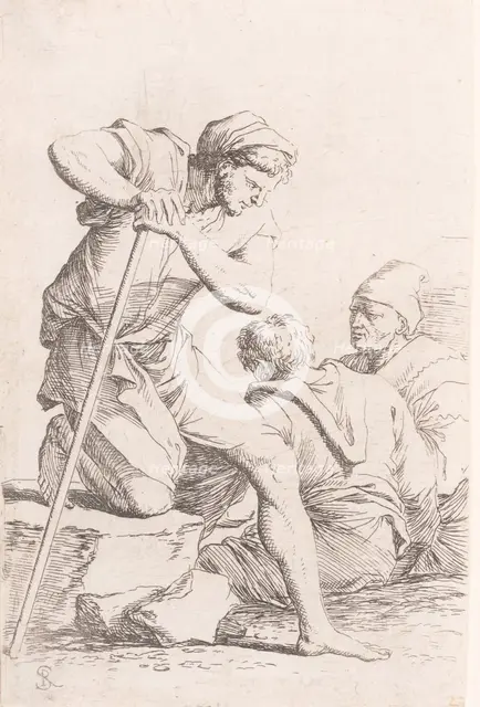 Two men sitting and another man holding a staff kneeling on a rock, from the seri..., ca. 1656-1657. Creator: Salvator Rosa.