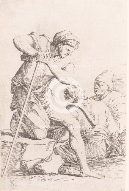 Two men sitting and another man holding a staff kneeling on a rock, from the seri..., ca. 1656-1657. Creator: Salvator Rosa.