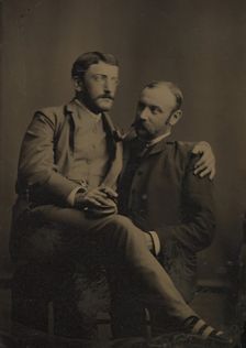 Two Men Smoking, One Seated in the Other's Lap, 1880s-90s. Creator: Unknown