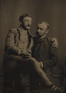 Two Men Smoking, One Seated in the Other's Lap, 1880s-90s. Creator: Unknown
