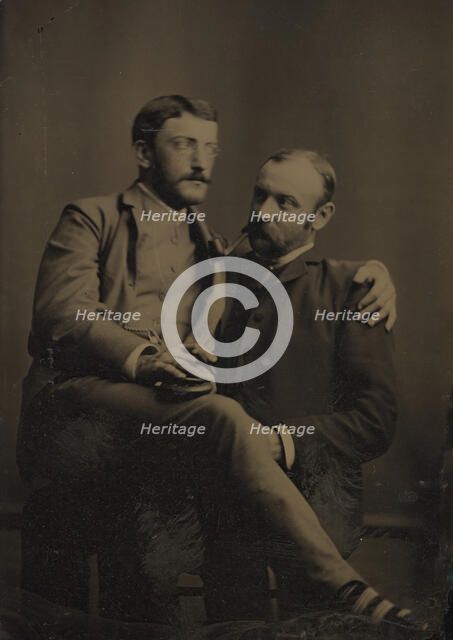 Two Men Smoking, One Seated in the Other's Lap, 1880s-90s. Creator: Unknown.