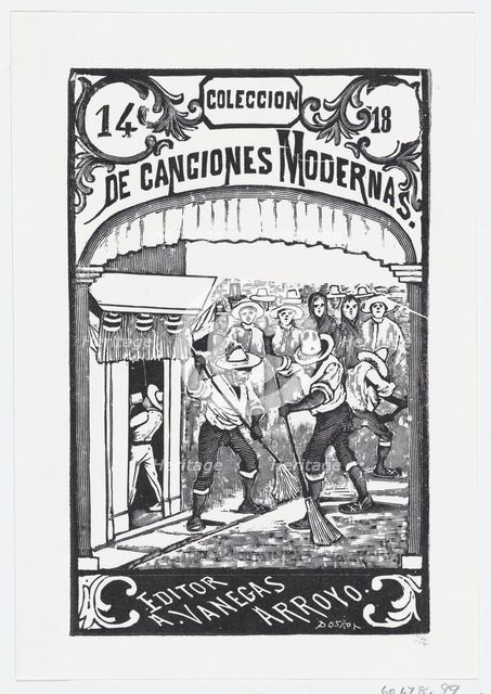 Two men sweeping the street while a crowd of people in the background watch, illu..., ca. 1880-1910. Creator: José Guadalupe Posada.