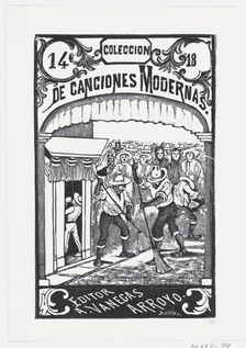 Two men sweeping the street while a crowd of people in the background watch, illu..., ca. 1880-1910. Creator: José Guadalupe Posada