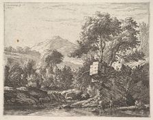 Two men standing ankle-deep in a body of water with a rocky outcrop behind them, to the le..., 1658. Creator: Karel Du Jardin