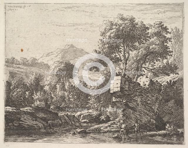 Two men standing ankle-deep in a body of water with a rocky outcrop behind them, to the le..., 1658. Creator: Karel Du Jardin.
