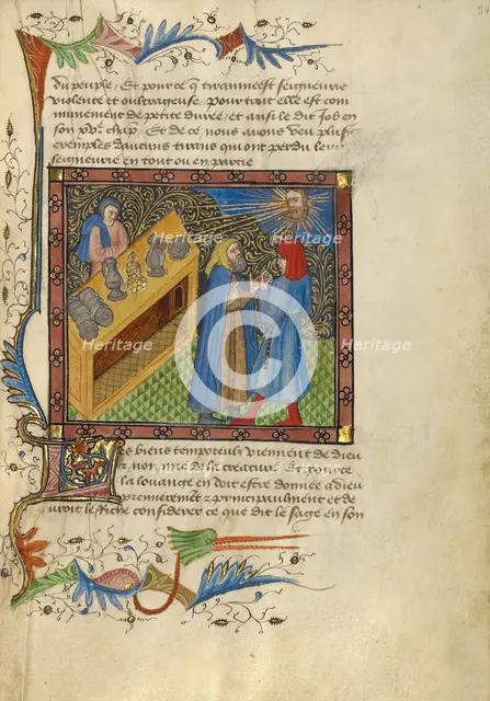Two Men Standing before a Bench of Money, Plates, and Goblets; Livre de Bonnes Moeurs, about 1430. Creator: Unknown.