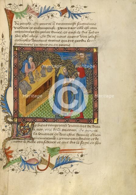 Two Men Standing before a Bench of Money, Plates, and Goblets; Livre de Bonnes Moeurs, about 1430. Creator: Unknown.