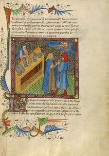 Two Men Standing before a Bench of Money, Plates, and Goblets; Livre de Bonnes Moeurs, about 1430. Creator: Unknown