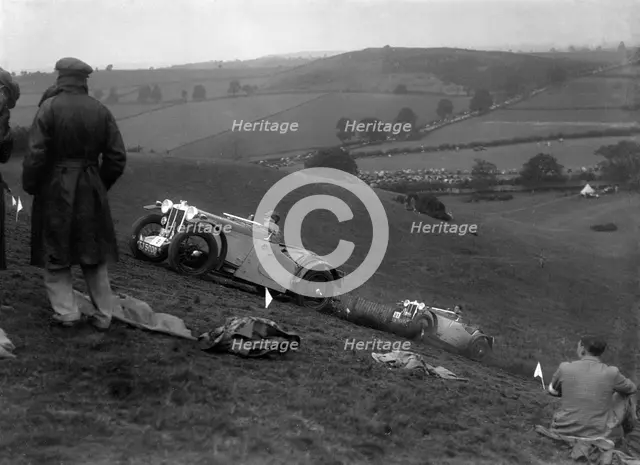 Two MG PAs competing in the Singer CC Rushmere Hill Climb, Shropshire 1935. Artist: Bill Brunell.
