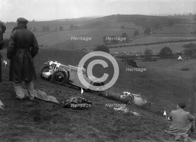 Two MG PAs competing in the Singer CC Rushmere Hill Climb, Shropshire 1935. Artist: Bill Brunell.