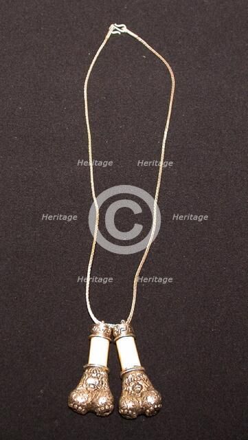 Two Miniature Bone Trumpets on a Chain, 18th century. Creator: Unknown.