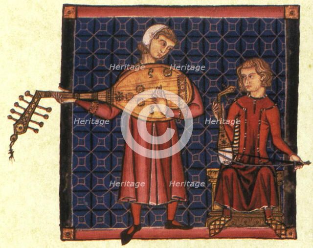 Two minstrels. Illustration from the codex of the Cantigas de Santa Maria, c. 1280. Artist: Anonymous  