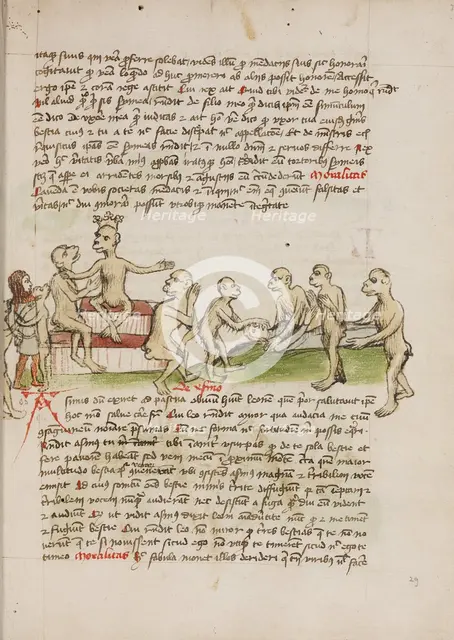 Two Monkeys Leading a Chained Man before a Crowned Monkey..., third quarter of 15th century. Creator: Unknown.