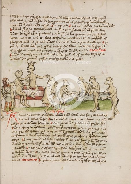 Two Monkeys Leading a Chained Man before a Crowned Monkey..., third quarter of 15th century. Creator: Unknown.
