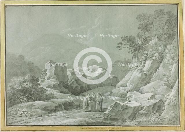 Two Monks giving Water to a Woman and Child in the Wilderness, n.d. Creator: Carlo Labruzzi.