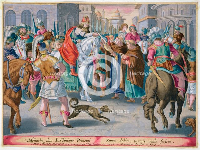 Two monks present silkworms smuggled from China to the Byzantine Emperor Justinian, 6th century. Artist: Unknown