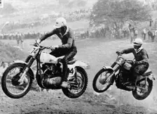 Two motorcyclists taking part in Motocross at Brands Hatch, Kent