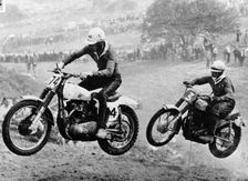 Two motorcyclists taking part in Motocross at Brands Hatch, Kent
