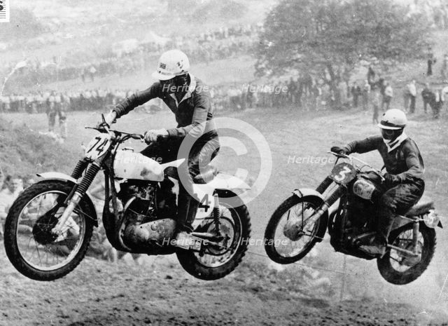 Two motorcyclists taking part in Motocross at Brands Hatch, Kent. Artist: Unknown