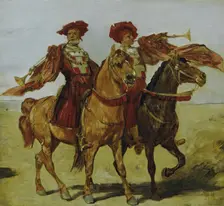 Two mounted fanfarers, 1879. Creator: Hans Makart