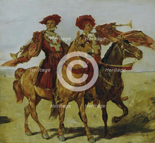 Two mounted fanfarers, 1879. Creator: Hans Makart.