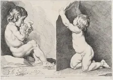Two nude children eating grapes; from New Book of Children, 1720-60. Creator: Pierre Alexandre Aveline