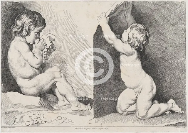 Two nude children eating grapes; from New Book of Children, 1720-60. Creator: Pierre Alexandre Aveline.