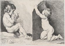 Two nude children eating grapes; from New Book of Children, 1720-60. Creator: Pierre Alexandre Aveline