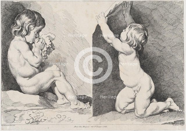 Two nude children eating grapes; from New Book of Children, 1720-60. Creator: Pierre Alexandre Aveline.