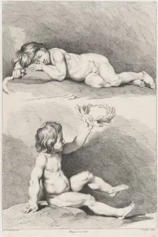 Two nude children, one sleeping and the other holding a wreath, from New Book of Childr..., 1720-60. Creator: Pierre Alexandre Aveline