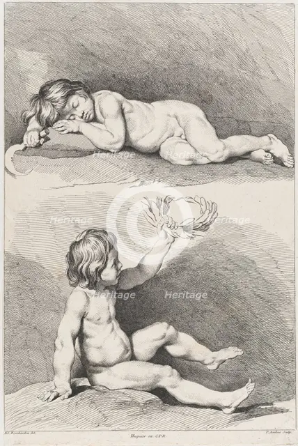 Two nude children, one sleeping and the other holding a wreath, from New Book of Childr..., 1720-60. Creator: Pierre Alexandre Aveline.