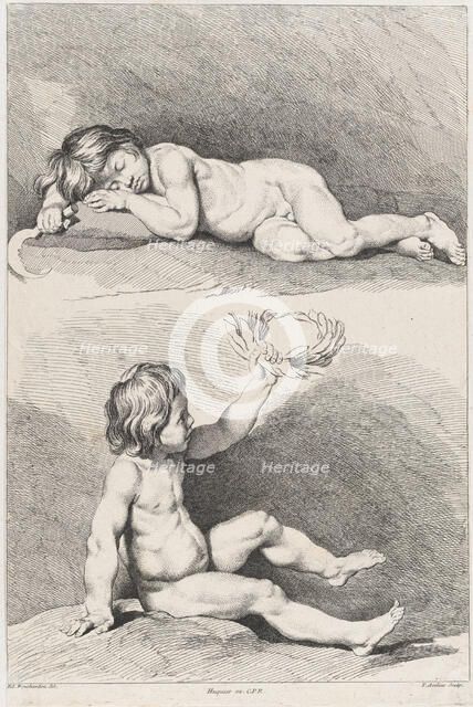 Two nude children, one sleeping and the other holding a wreath, from New Book of Childr..., 1720-60. Creator: Pierre Alexandre Aveline.