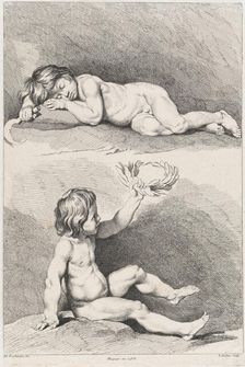 Two nude children, one sleeping and the other holding a wreath, from New Book of Childr..., 1720-60. Creator: Pierre Alexandre Aveline