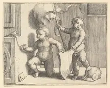 Two Nude Children Supporting a Blank Shield, ca. 1510. Creator: Lucas van Leyden