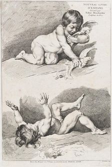 Two nude children playing with a leaf; from New Book of Children, 1720-60. Creator: Pierre Alexandre Aveline