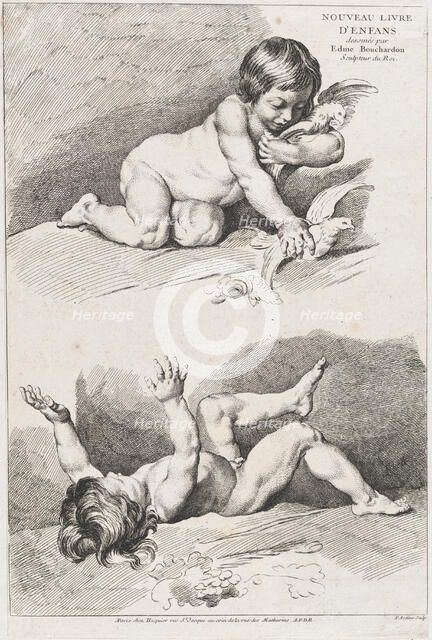 Two nude children playing with a leaf; from New Book of Children, 1720-60. Creator: Pierre Alexandre Aveline.