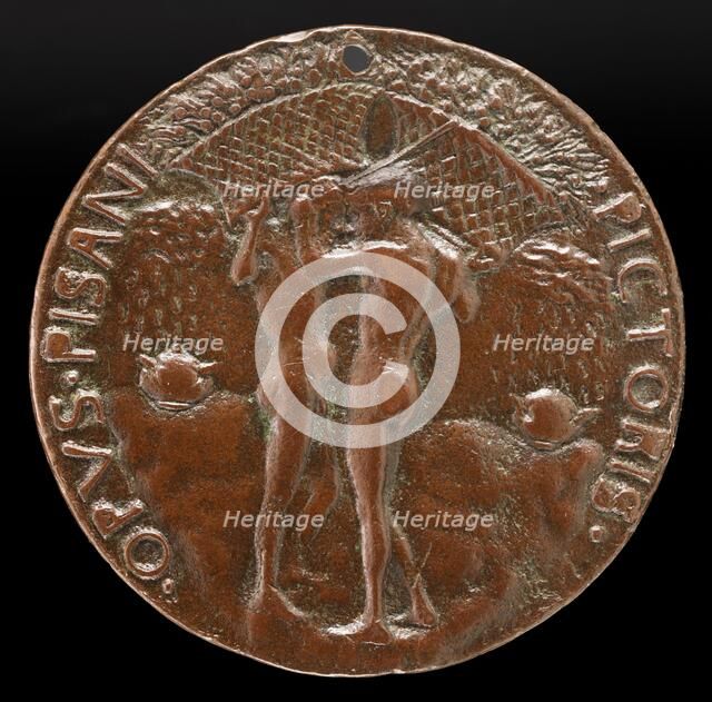 Two Nude Men Carrying Baskets with Olive Branches [reverse], c. 1443. Creator: Pisanello.