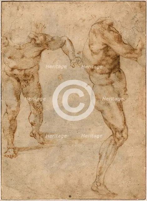 Two Nude Studies of a Man Storming Forward and Another Turning to the Right, c. 1504. Artist: Buonarroti, Michelangelo (1475-1564)