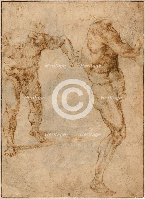 Two Nude Studies of a Man Storming Forward and Another Turning to the Right, c. 1504. Artist: Buonarroti, Michelangelo (1475-1564)